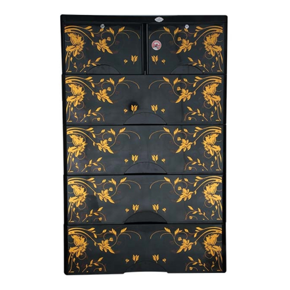 RFL Double Wardrobe - 5 Drawer - Black and Gold