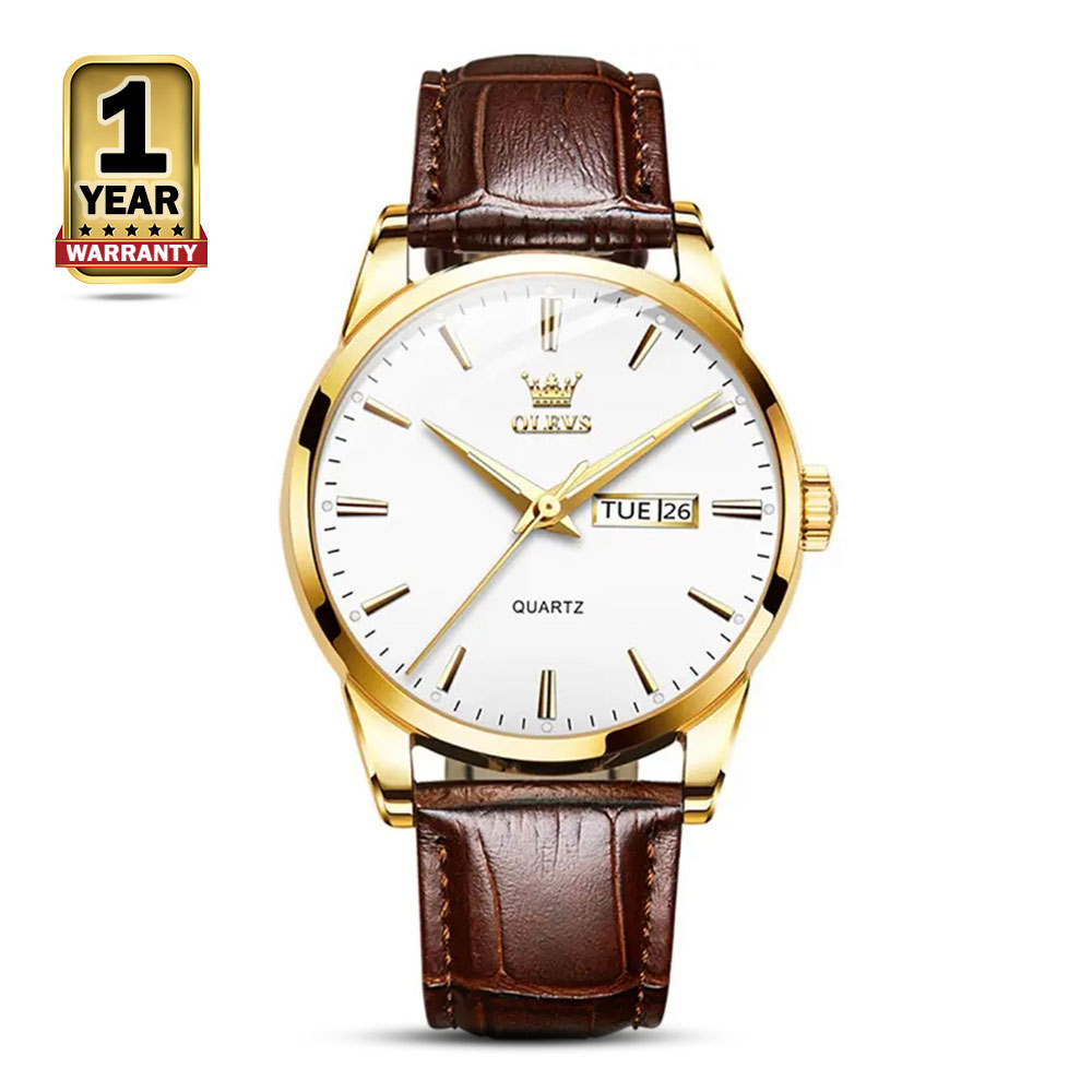 OLEVS 6898 Leather Analog Watch For Men - Brown And White