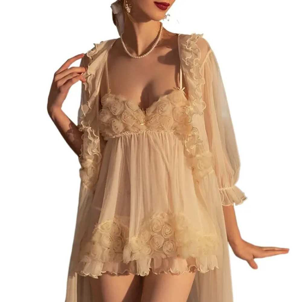 Polyester Bridal Design Nightdress for Women - White