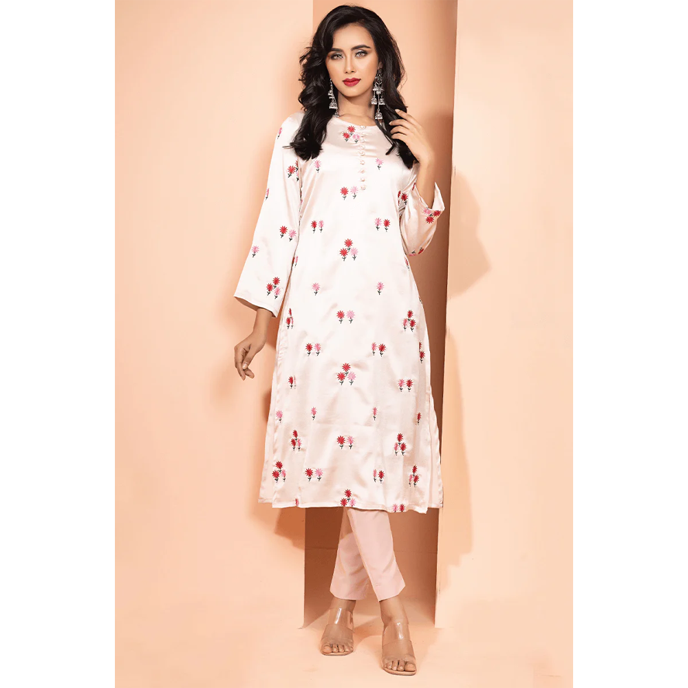 Crepe Silk Kurti For Women - Cream - J-11