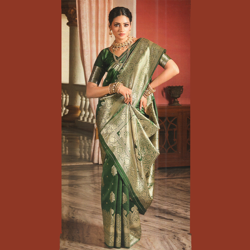 Gujrati Silk Handloom Saree For Women with Blouse Pieces - Green - A634 B