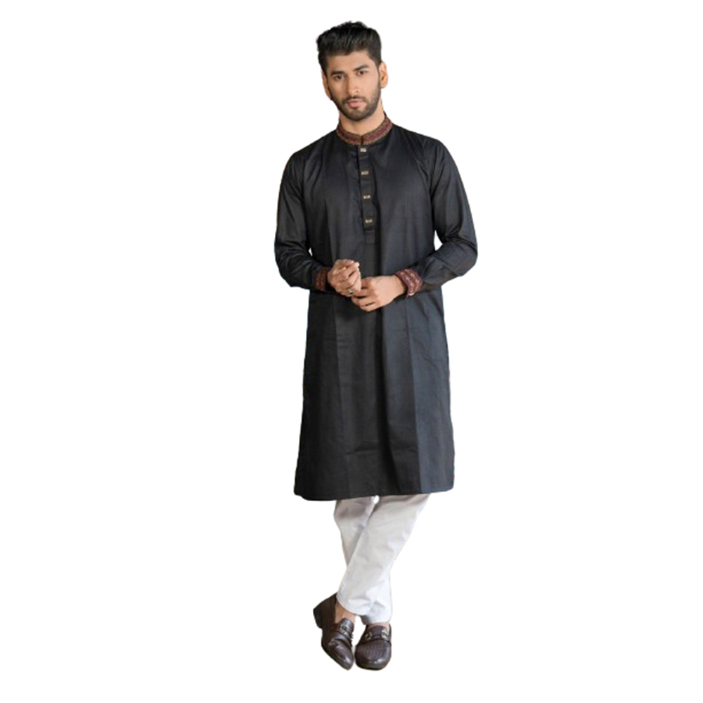 Cotton Embroidery Semi Long Panjabi For Men - Black - P-N66