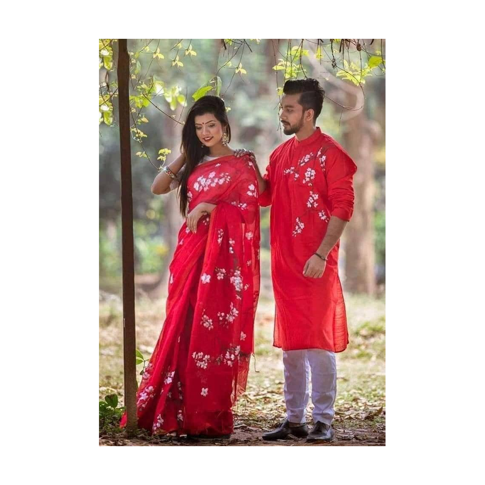 Hand Printed Half Silk Saree and Dhupian Cotton Panjabi For Couple Set - BAN079