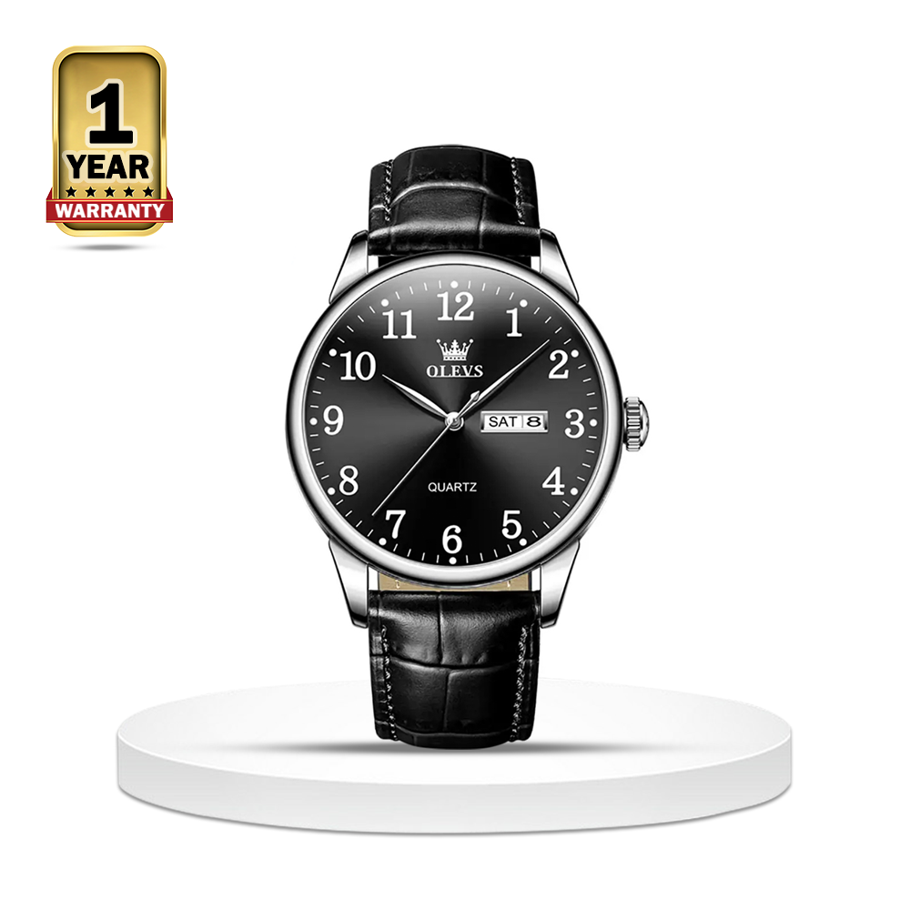 OLEVS 5535 Leather Quartz Wristwatch For Men - Silver and Black