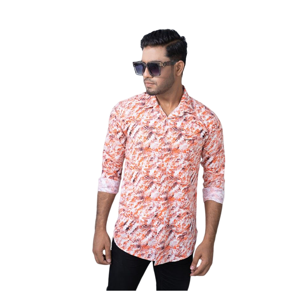 Westeen Cotton Printed Casual Slim Fit Full Sleeve Shirt for Men - Orange - 1010799