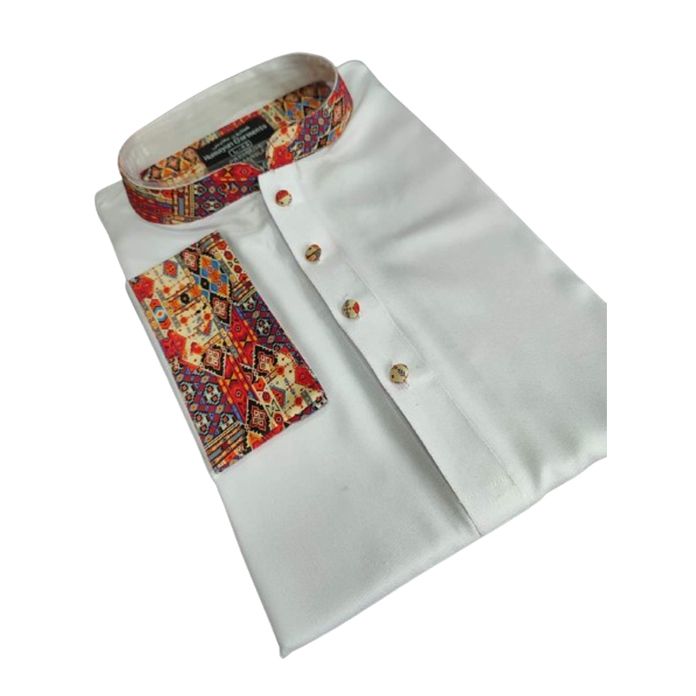 Dupion Silk Semi Long Panjabi For Men - White