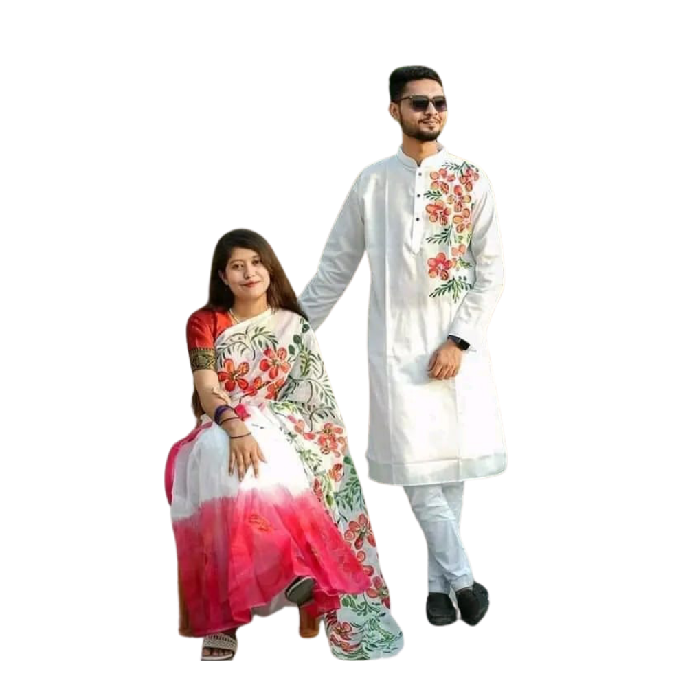 Cotton Silk Saree and Dhupian Cotton Panjabi Couple Dress - Pinkish Red & White - SC69