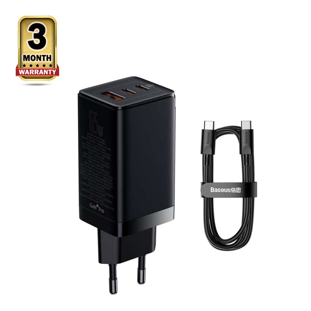 Baseus GaN3 Pro Fast GaN USB Type-C Wall Charger - 65W - Black - CCGP050101