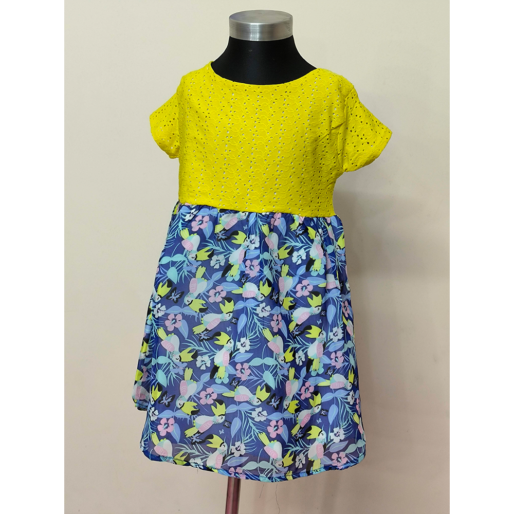 Cotton Frock for Baby Girls - Yellow And Blue - HP-05-GPF