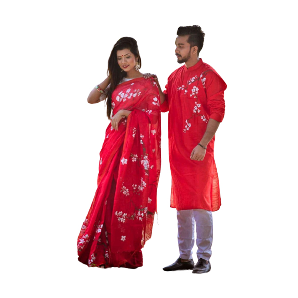 Hand Print Couple Set Saree With Panjabi - Red - CS-89