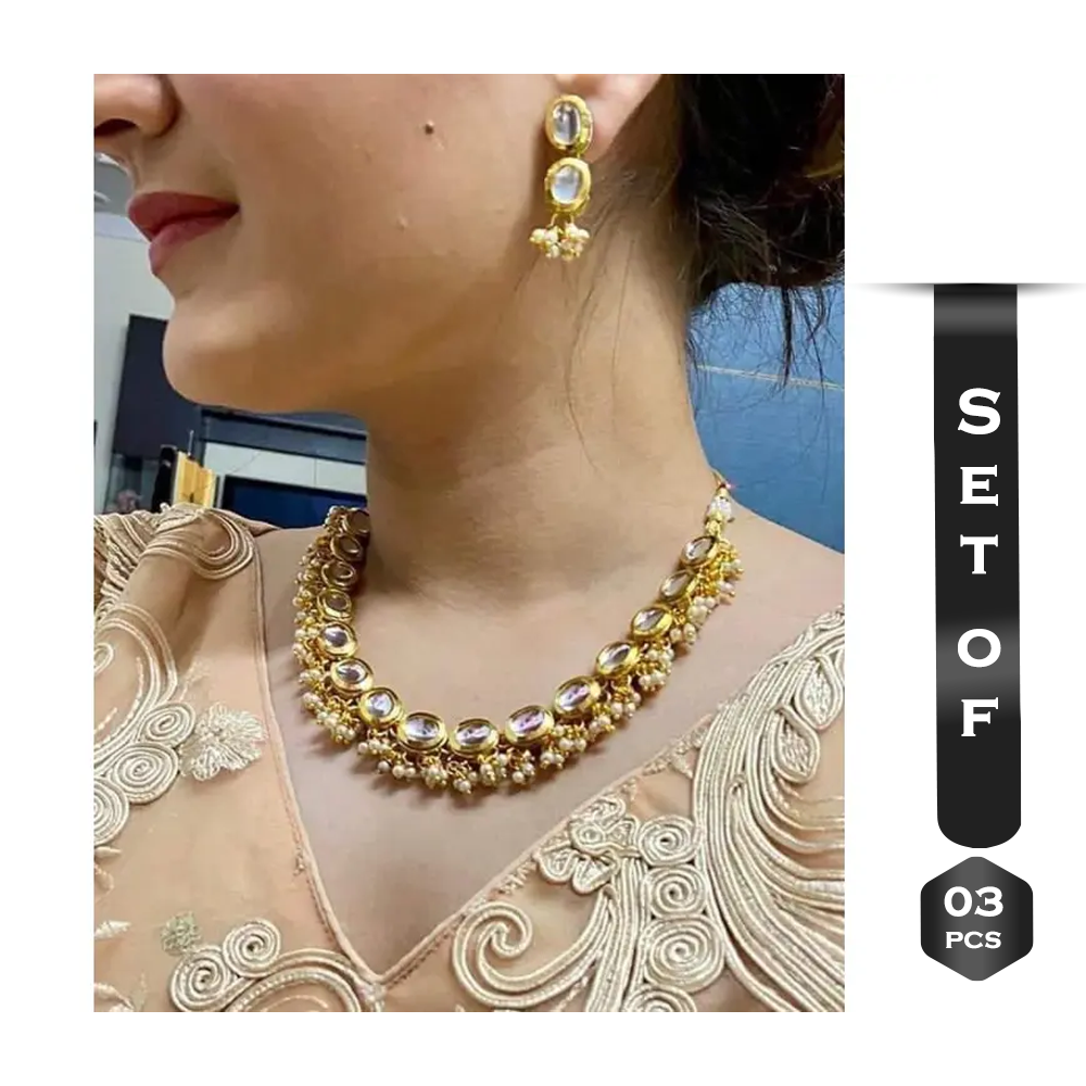 Set of 3 Pcs Gold Plated Jaypuri Choker Necklace for Women - Golden