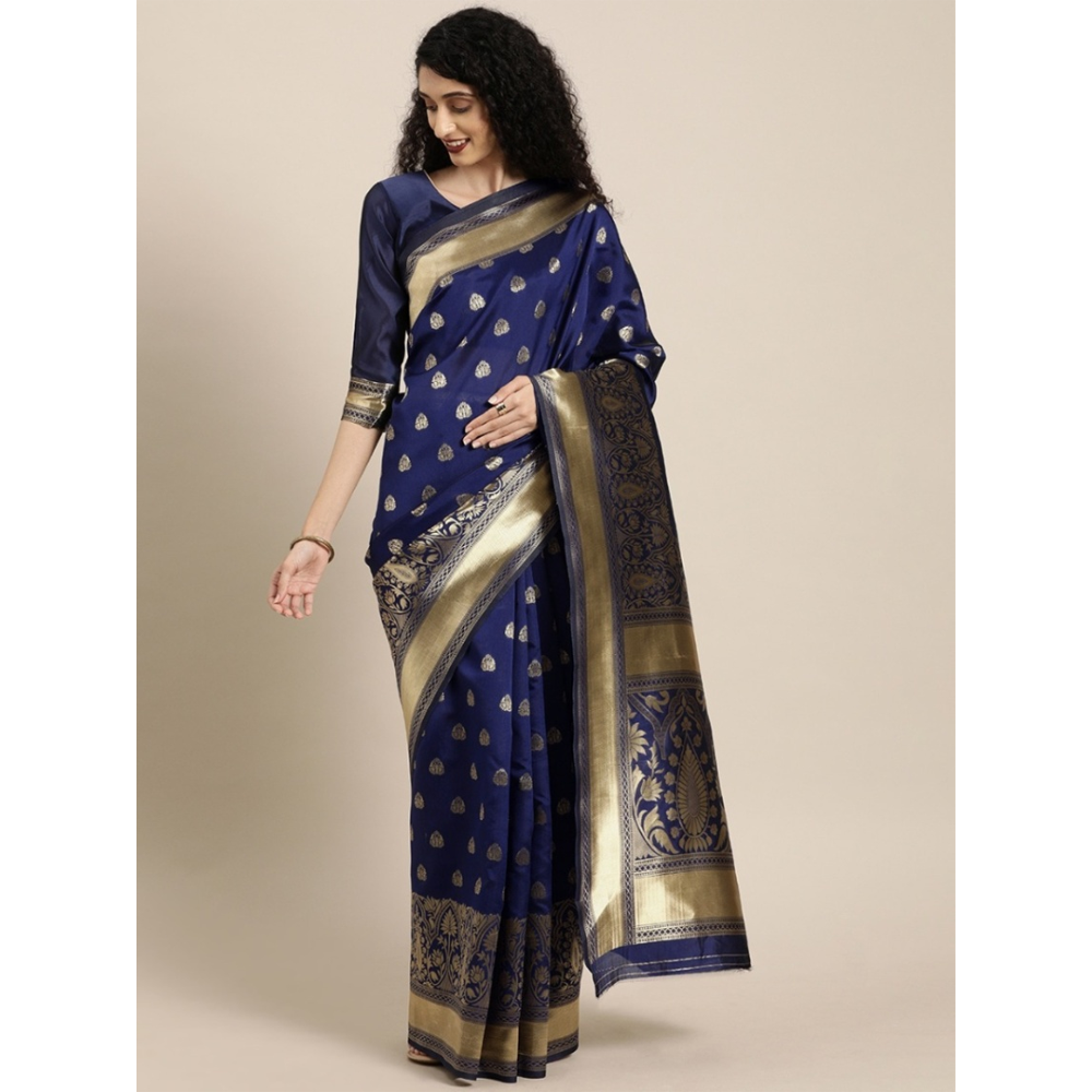 Silk Printed Gorgeous Saree With Blouse Piece For Women - Navy Blue - MN-729