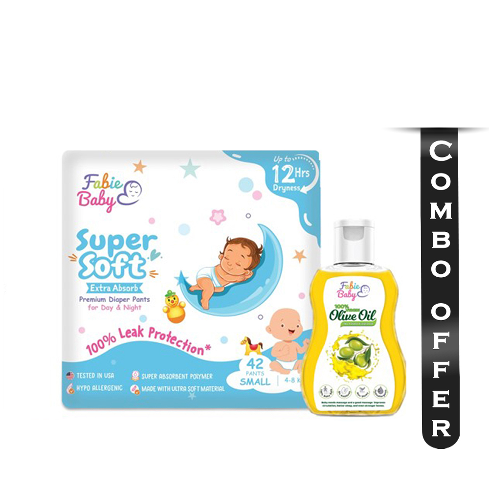 Combo of 2 Fabie Baby Supersoft Extra Absorb Premium Diaper Pants Small (4-8 Kg) -  42 Pcs and Olive Oil - 200ml