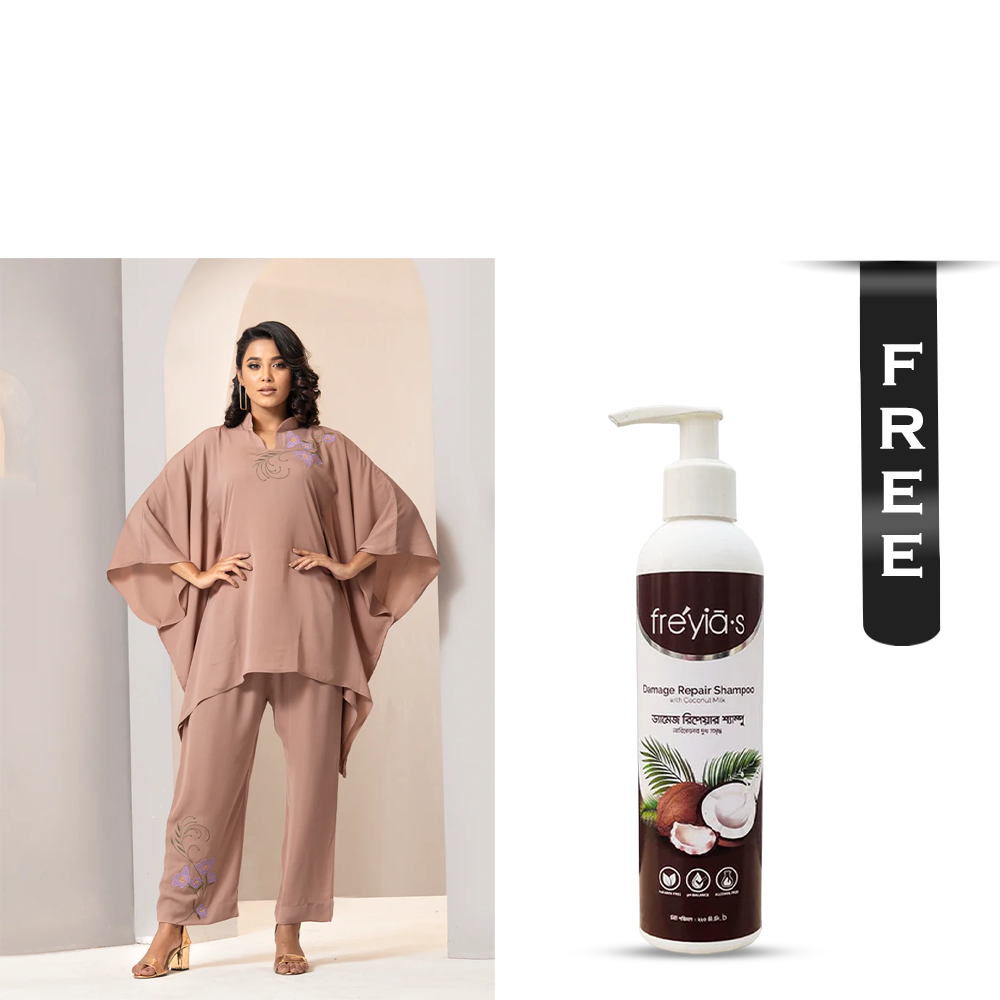 Buy Showstopper Beige Cherry Georgette Co-ord Set for Women - 0224 000303 - Beige and Get Freyias Damage Repair Shampoo with Coconut Milk - 220ml Free