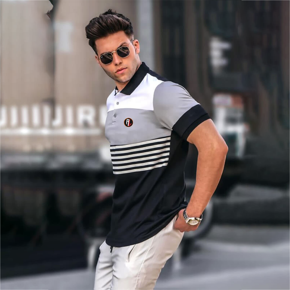 Pique Cotton Half Sleeve Polo Shirt For Men - Black And White - AL-A