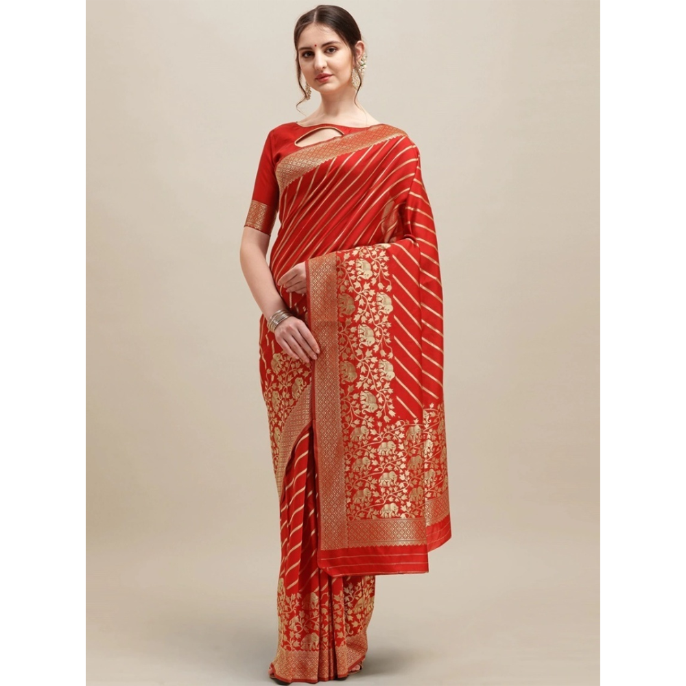 Silk Printed Saree With Blouse Piece For Women - Red - MN-715