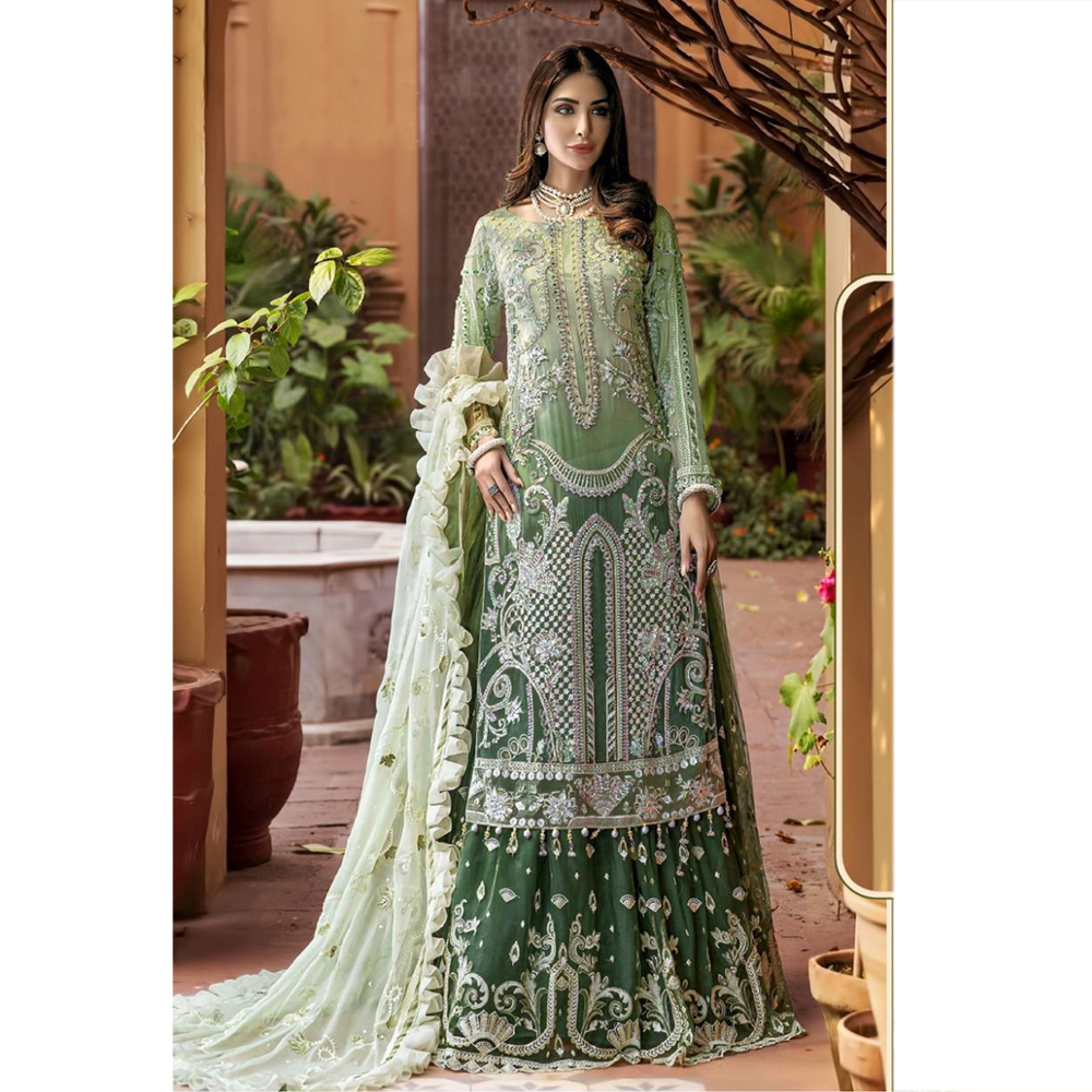 Unstitched Embroidery Net Party Wear Suit 4Pcs For Women -	Light Green - DN 2037