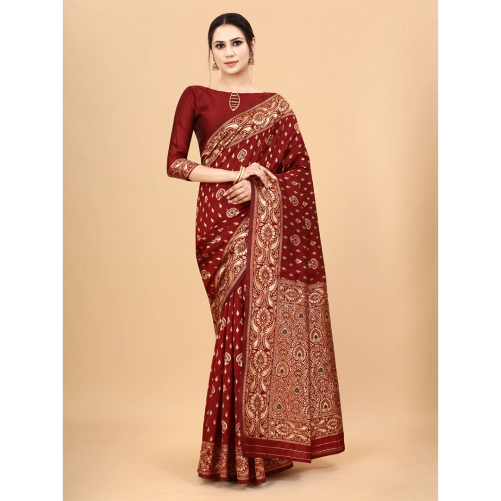 Silk Printed Gorgeous Saree With Blouse Piece For Women - Maroon - MN-735