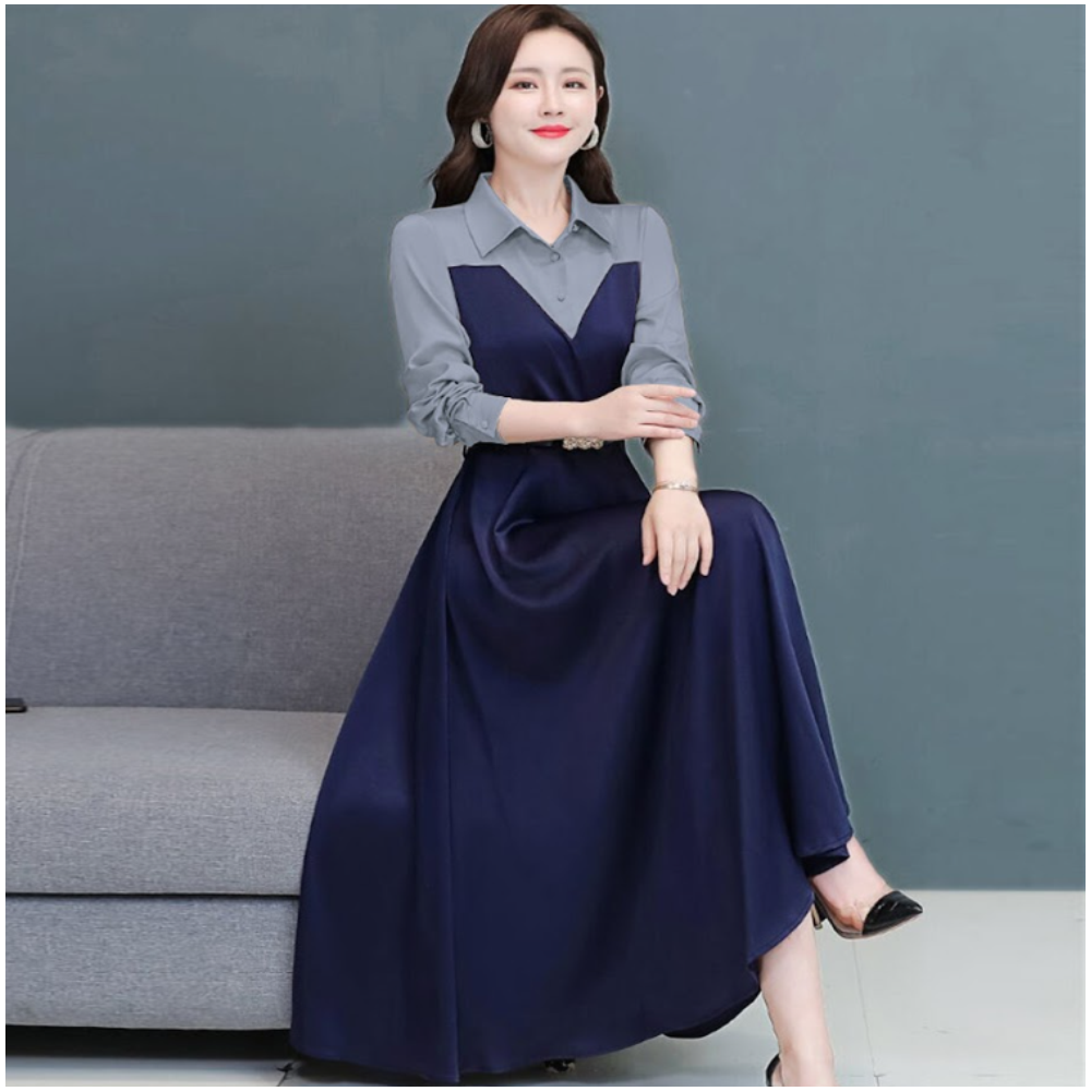 Linen Long Shirt for Women - Navy Blue - 1804