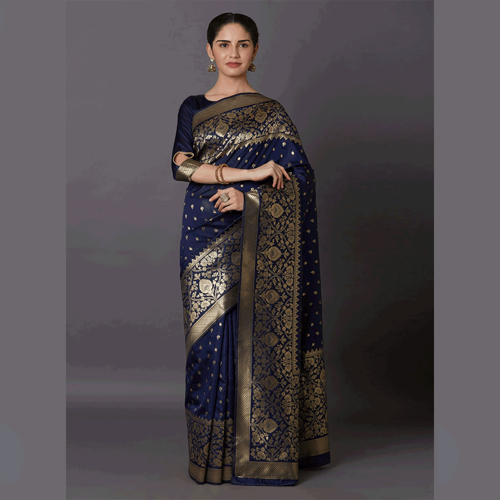 Silk Printed Saree With Blouse Piece For Women - Navy Blue