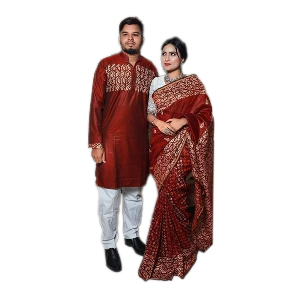 Half Silk Saree and Dhupian Silk Panjabi Couple Dress - Brown - CP-02