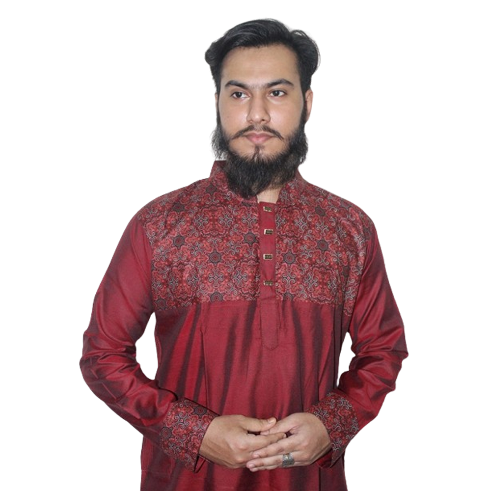 Dupion Silk Semi Long Panjabi For Men - Maroon