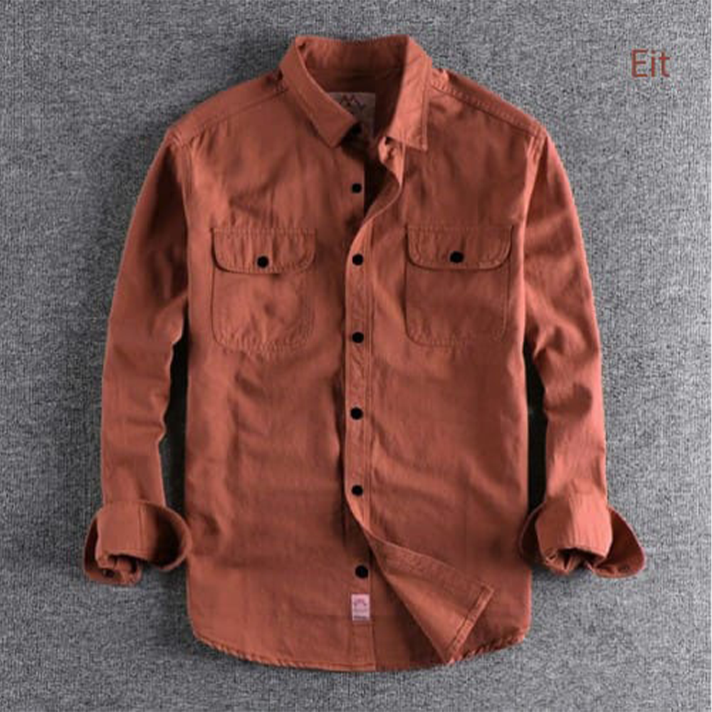 Cotton Full Sleeve Double Pocket Shirt For Men - Rust - Shirt-06