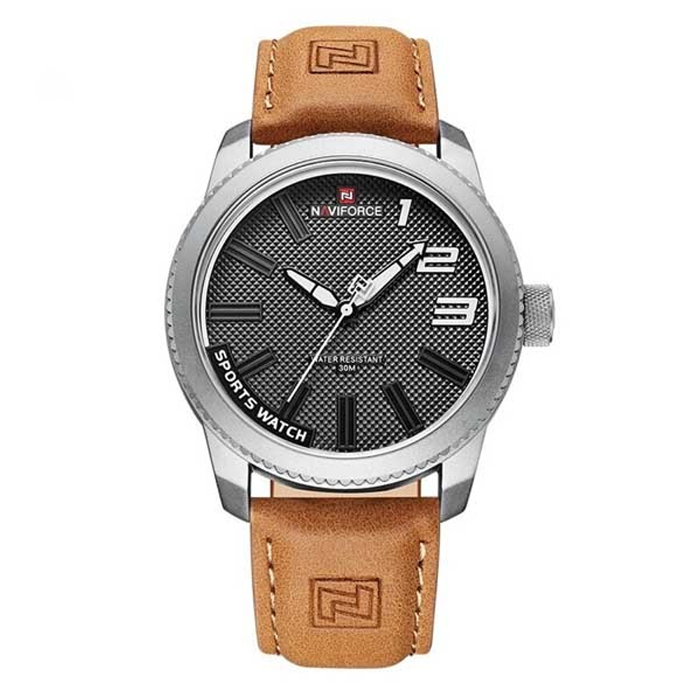 Naviforce NF9202 PU Leather Strap Wrist Watch For Men - Brown and Silver