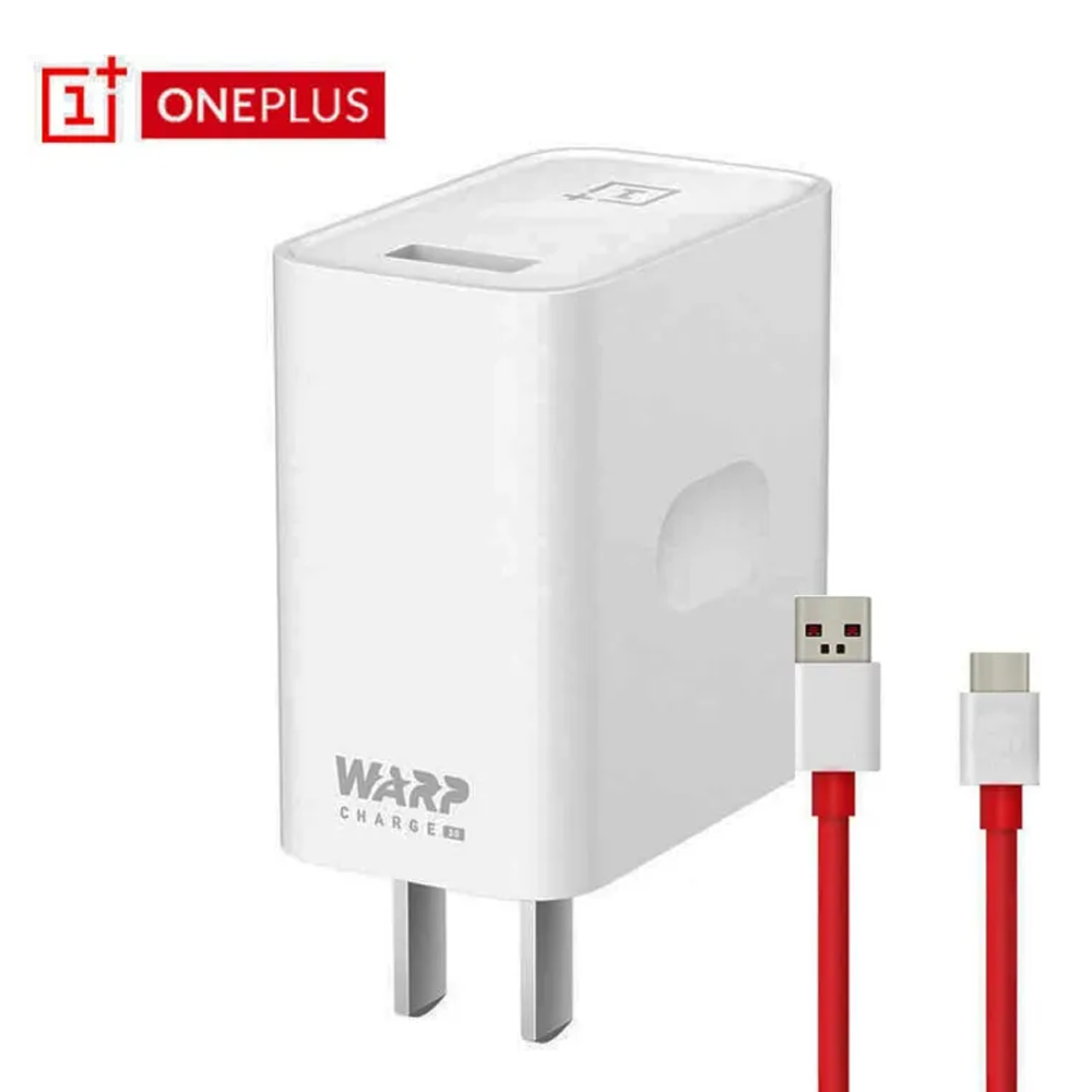 One Plus 80W PD Warp Charger with USB to Type C Cable - White and Red