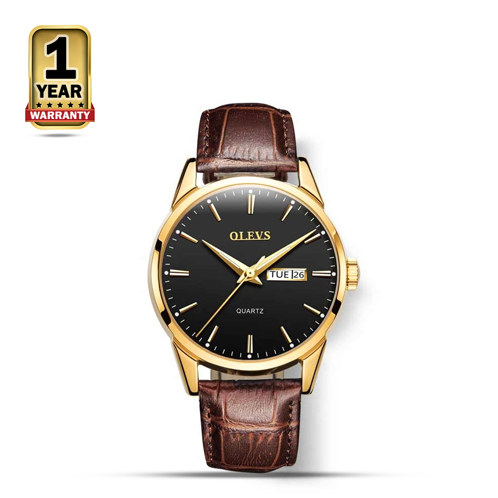 Olevs 6898 PU Leather Wrist Watch For Men - Golden Black