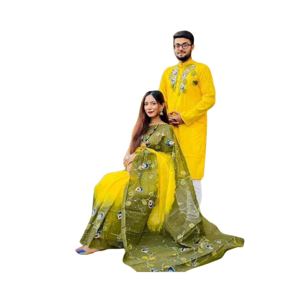 Cotton Silk Saree and Dhupian Cotton Panjabi Couple Dress - Burnt Yellow - SC53