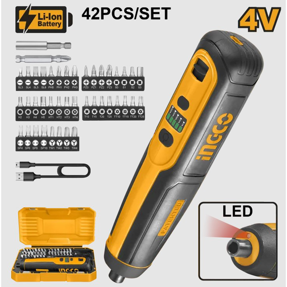 Ingco CSDLI0406 Lithum-Ion Cordless Screwdriver With 42 Pcs Accessories