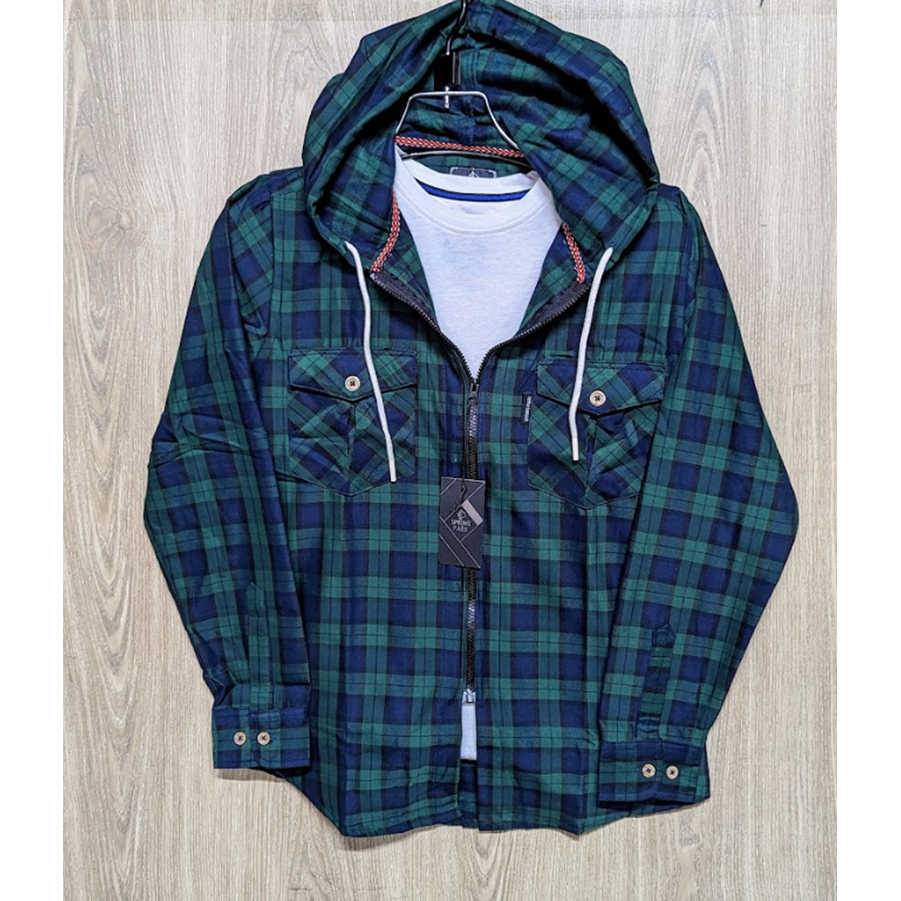 Flannel Cotton Hooded Shirt - Navy Blue - SP0010