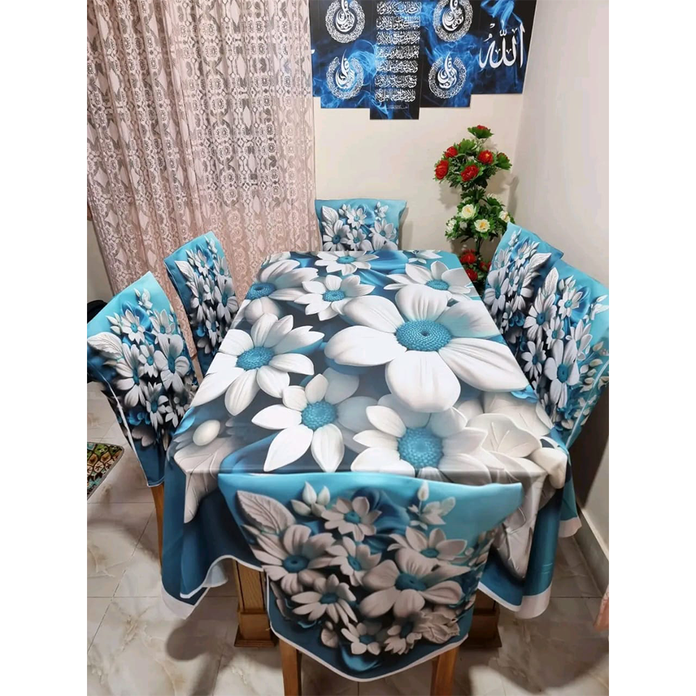 Korean Velvet 3D Print Dining Table Cloth and Chair Cover Set 7 In 1 - HS 00087