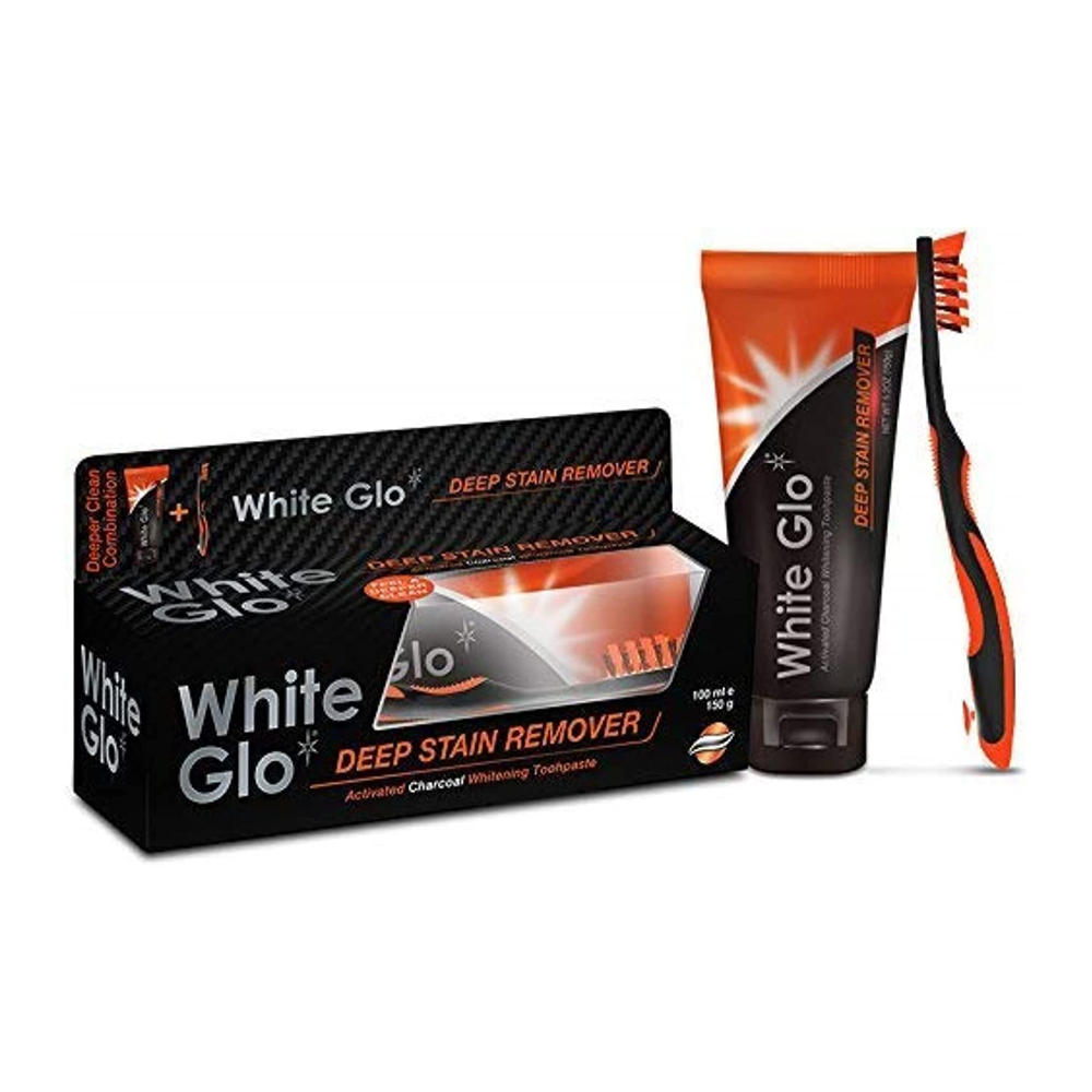 White Glo Charcoal Deep Stain Remover Toothpaste and Toothbrush - 100ml