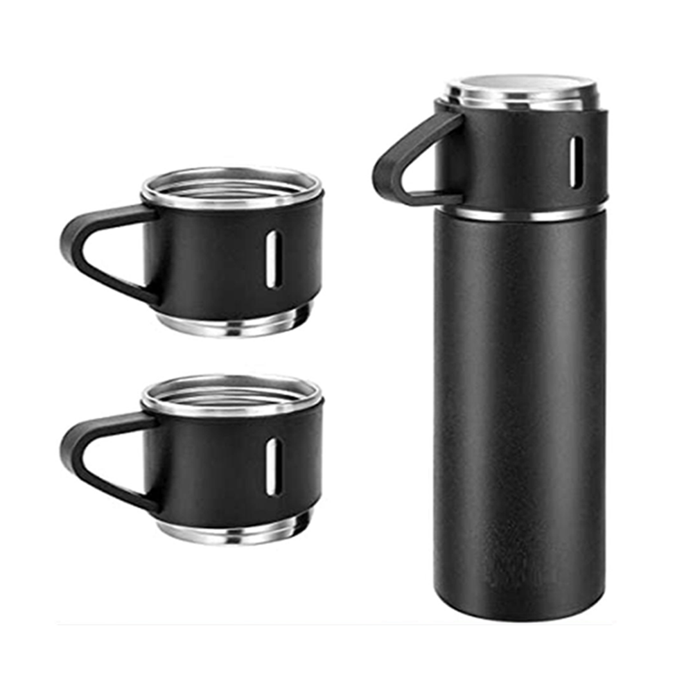 Stainless Steel 3 In 1 Vacuum Flasks Set with Cup Set - Black - FL-01