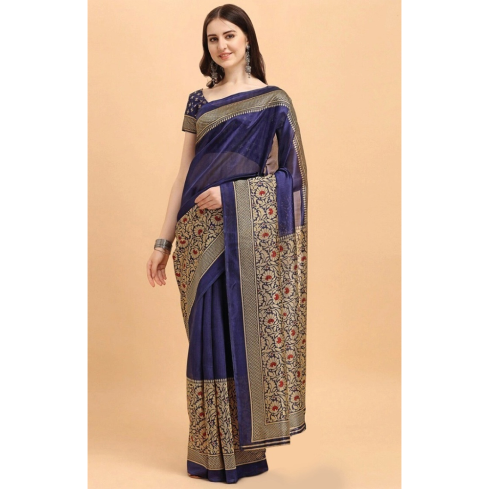 Silk Printed Gorgeous Saree With Blouse Piece For Women - Navy Blue - MN-761