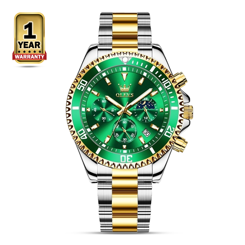 OLEVS 2870 Quartz Stainless Steel Analog Wrist Watch For Men - Gold Silver And Green