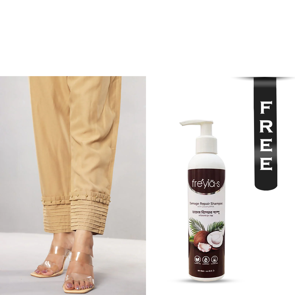 Buy Showstopper Cashmilon Fabric Straight Pleats and Pearls Pant for Women - P06 - Beige and Get Freyias Damage Repair Shampoo with Coconut Milk - 220ml Free