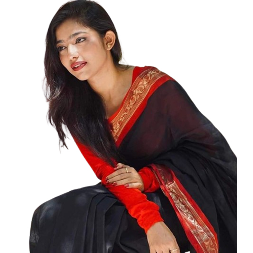 Mashlais Buti Cotton Saree with Blouse Piece For Women - Black - SP-M03