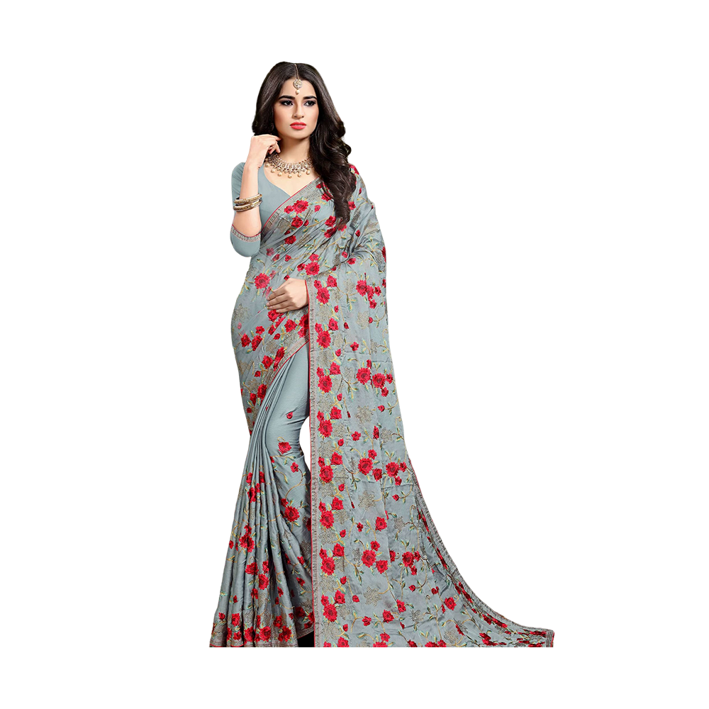 Embroidery Work Weightless Georgette Saree With Blouse For Women - Grey