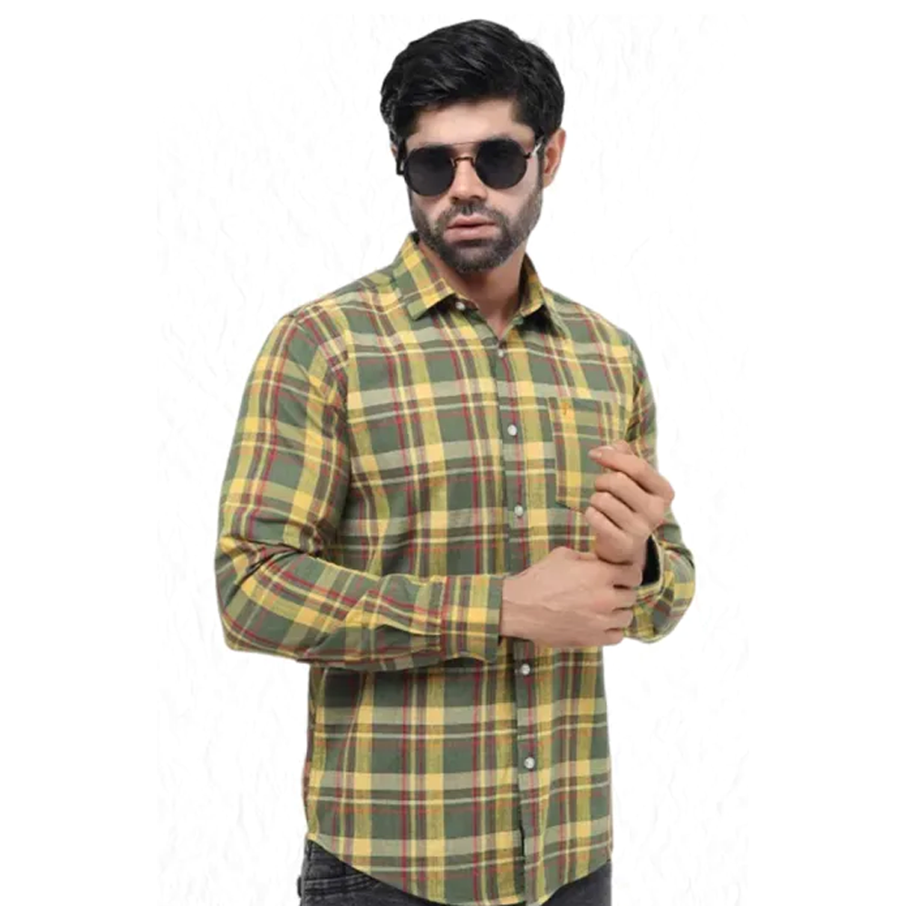 Cotton Full Sleeve Casual Check Shirt For Men - Olive and Yellow 