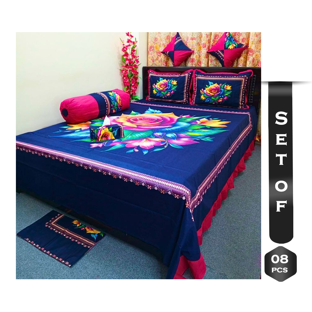 Set Of 8Pcs Cotton King Size Bed Sheet - Blue - PT-03