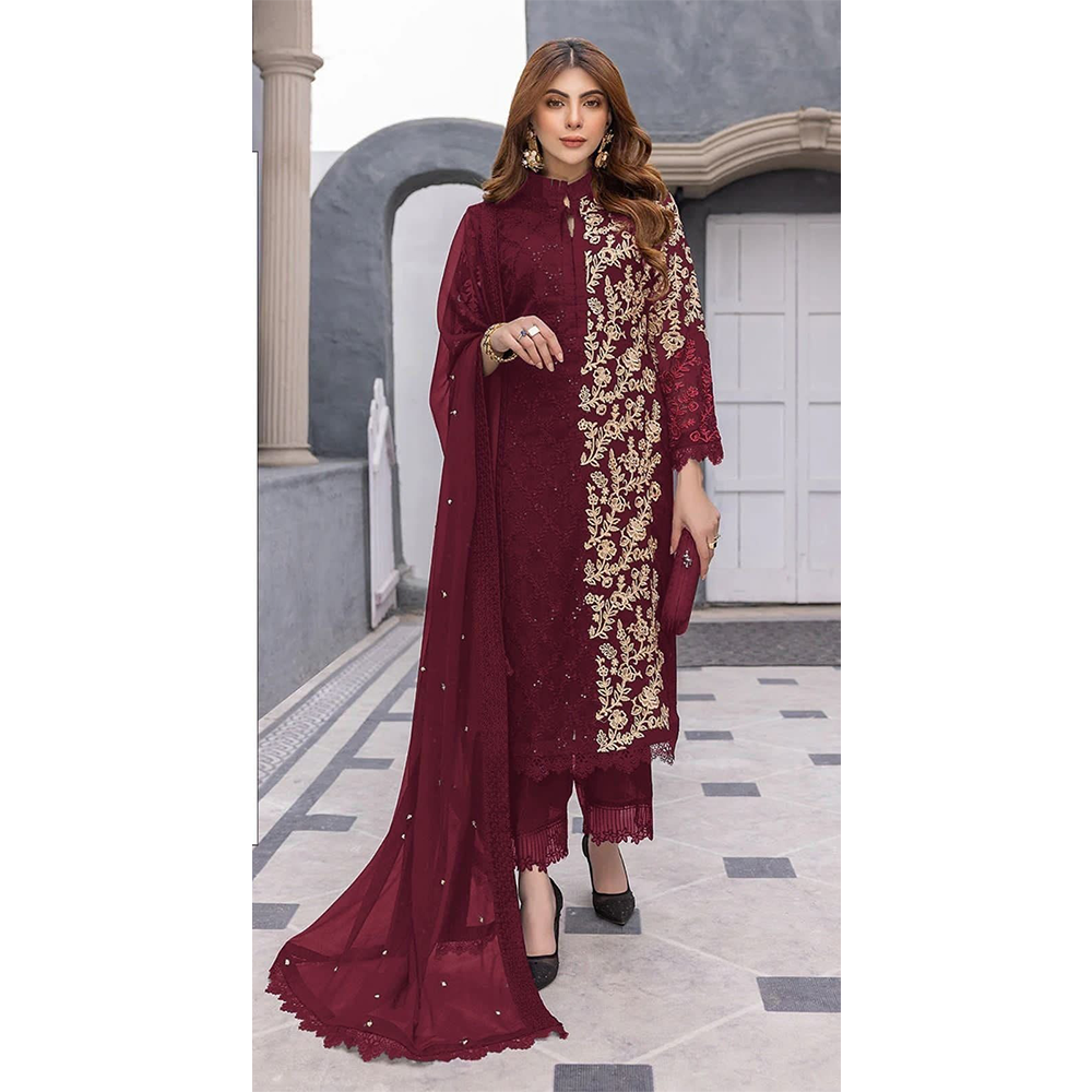 Georgette Embroidered Readymade Salwar Kameez For Women - Maroon - Bf-06