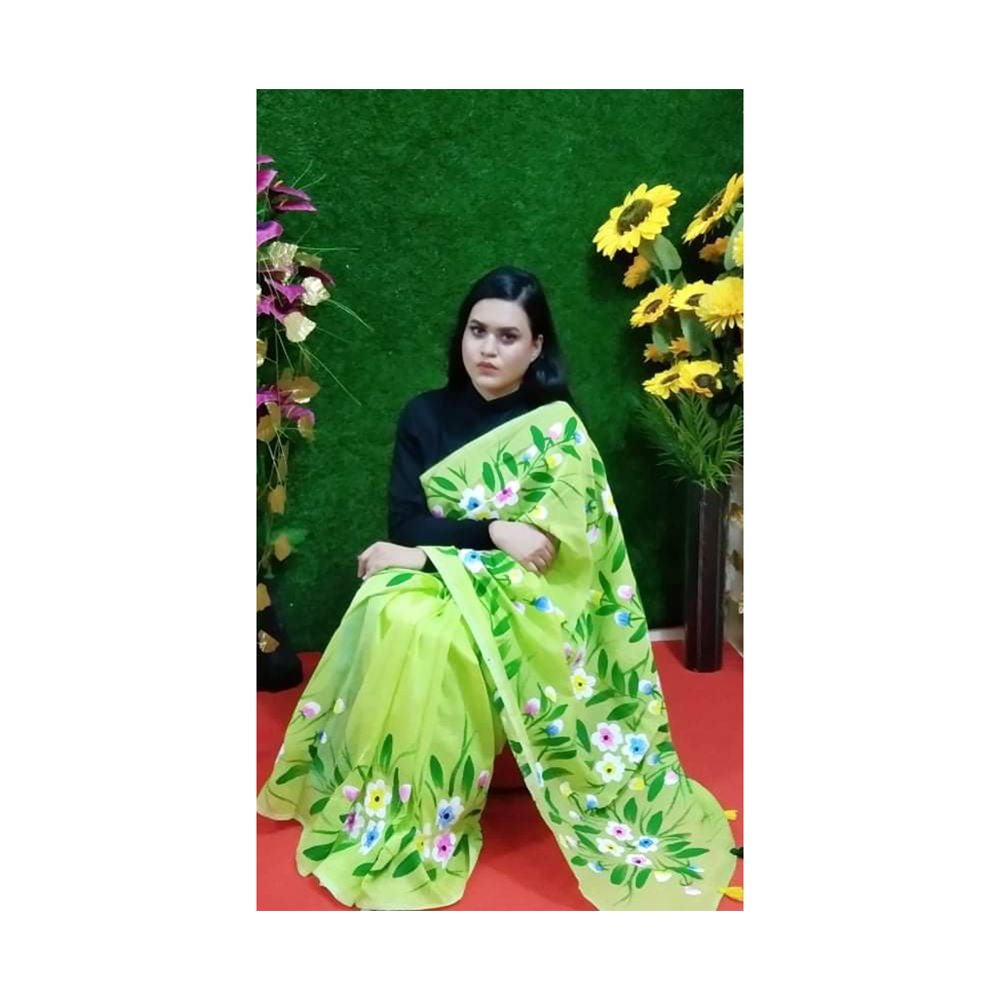 Hand Printed Half Silk Saree For Women - Multicolor