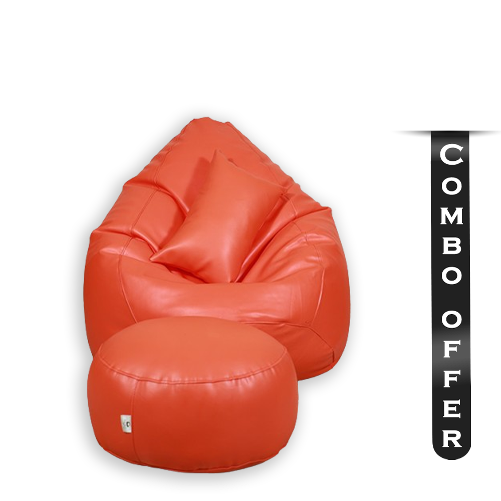 Combo of 3Pcs Leather Bean Bag - XXXL With Leg Rest and Cushion - Orange - APL3COR