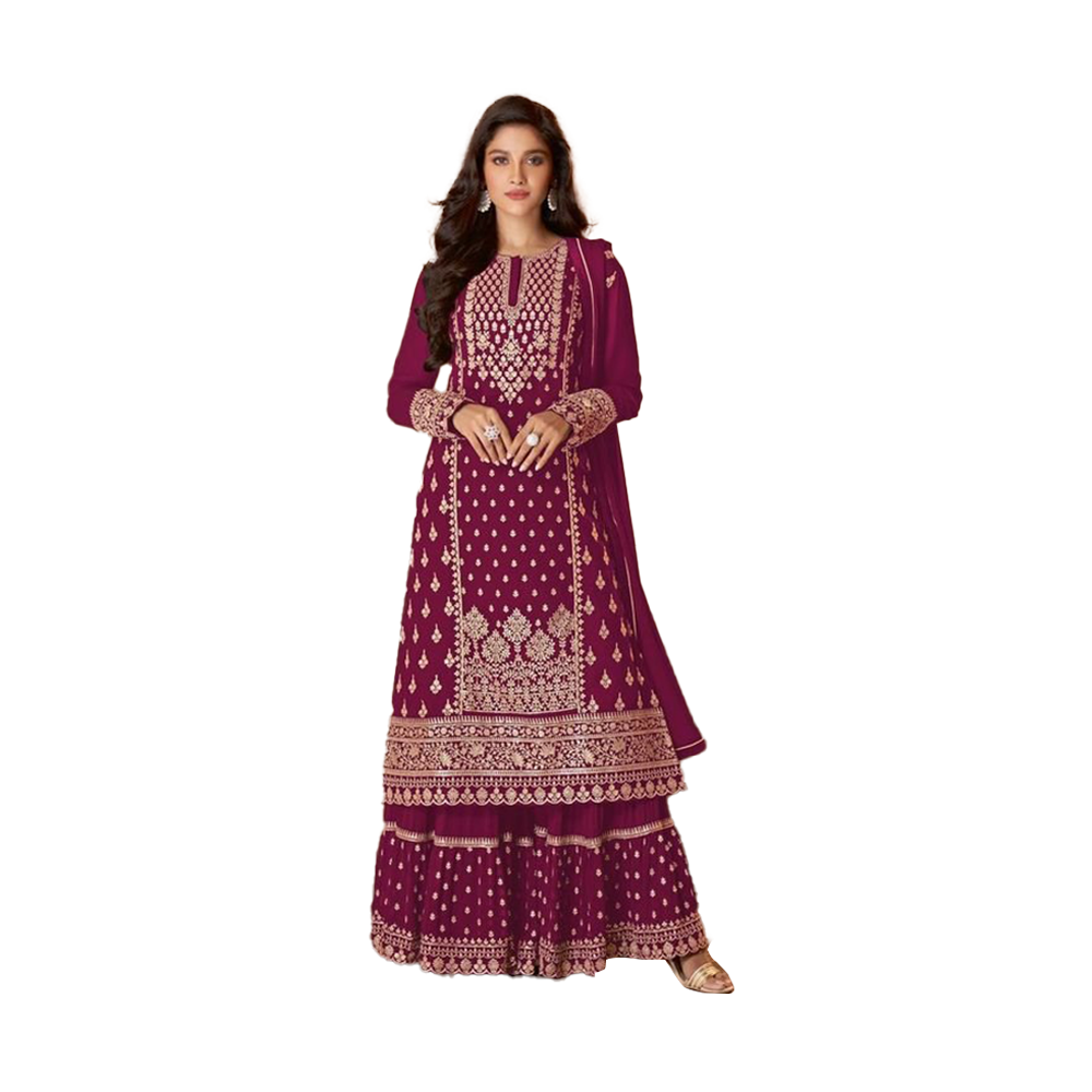 Semi -Stitched Embroidery Work Georgette Sarara Dress For Women - Multicolor