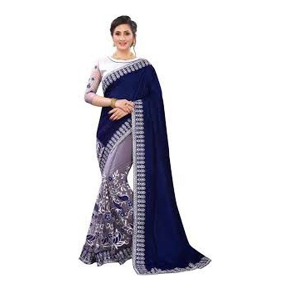 Weightless Georgette Embroidery Worked Saree With Blouse Piece For Women - Navy Blue - SJ-59