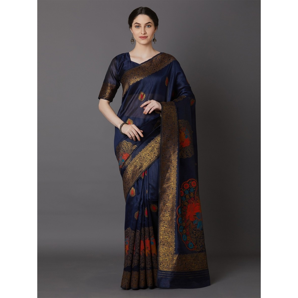 Silk Printed Gorgeous Saree With Blouse Piece For Women - Navy Blue - MN-725