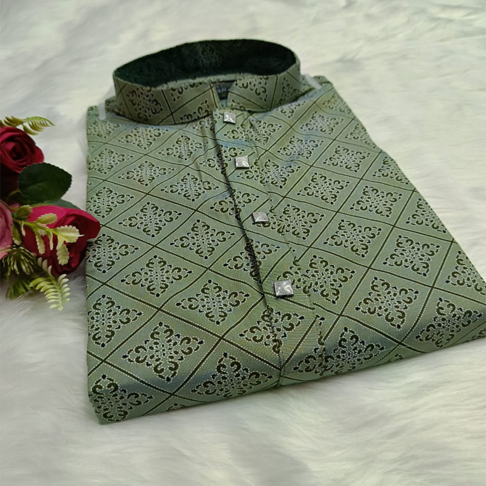 Cotton Semi Long Panjabi for  Men - Olive - ACP-405